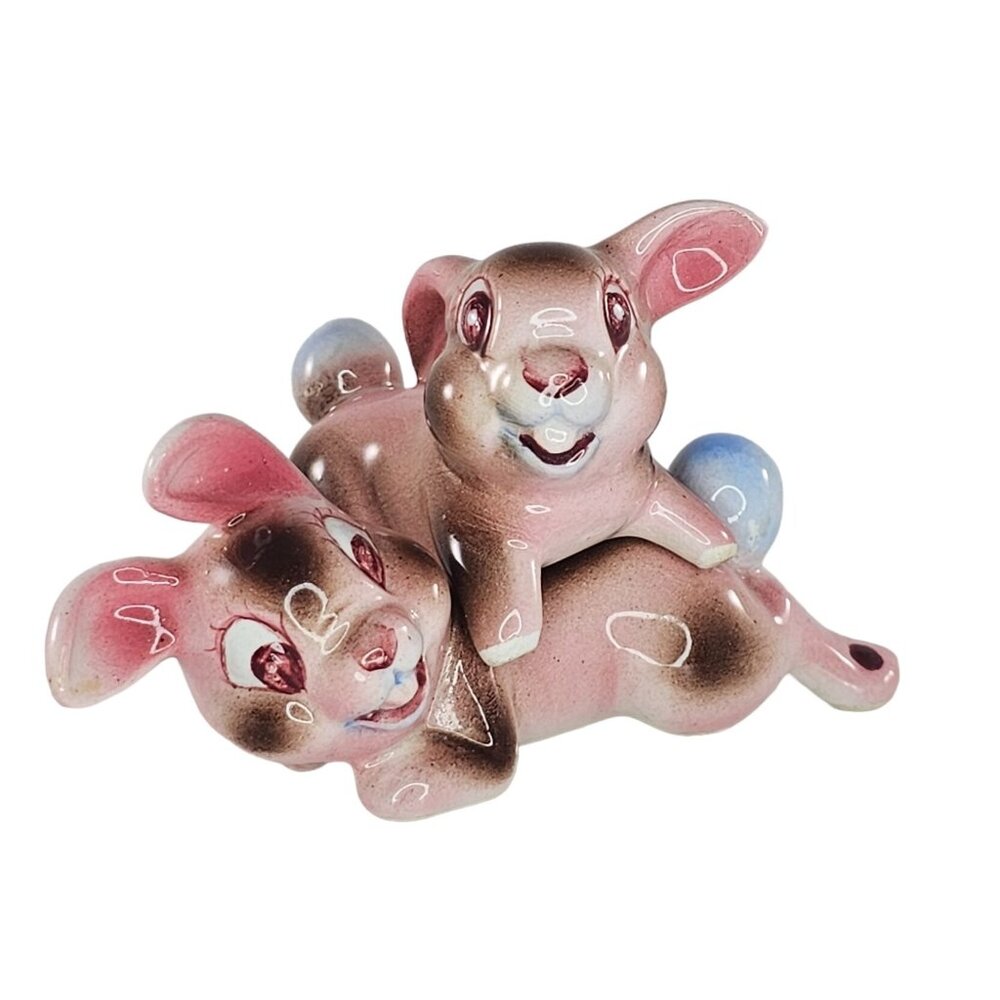 Vintage Pink Bunny Rabbit Salt Pepper Shaker Set Figurines Ceramic Japan *Repair - Picture 1 of 12